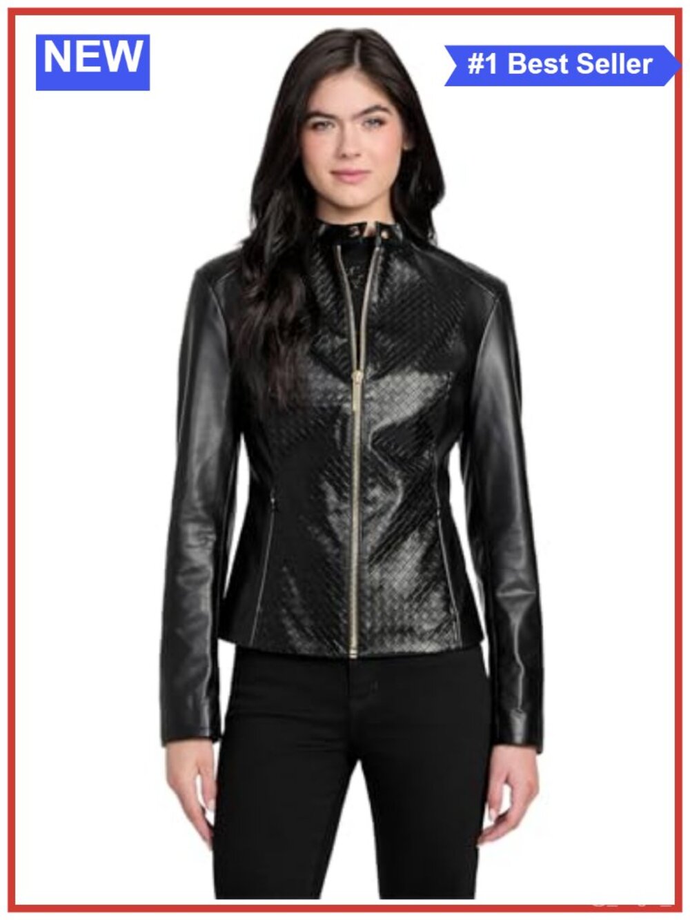 Faux Leather Biker Jacket Embossed Zip Moto Regular Fit